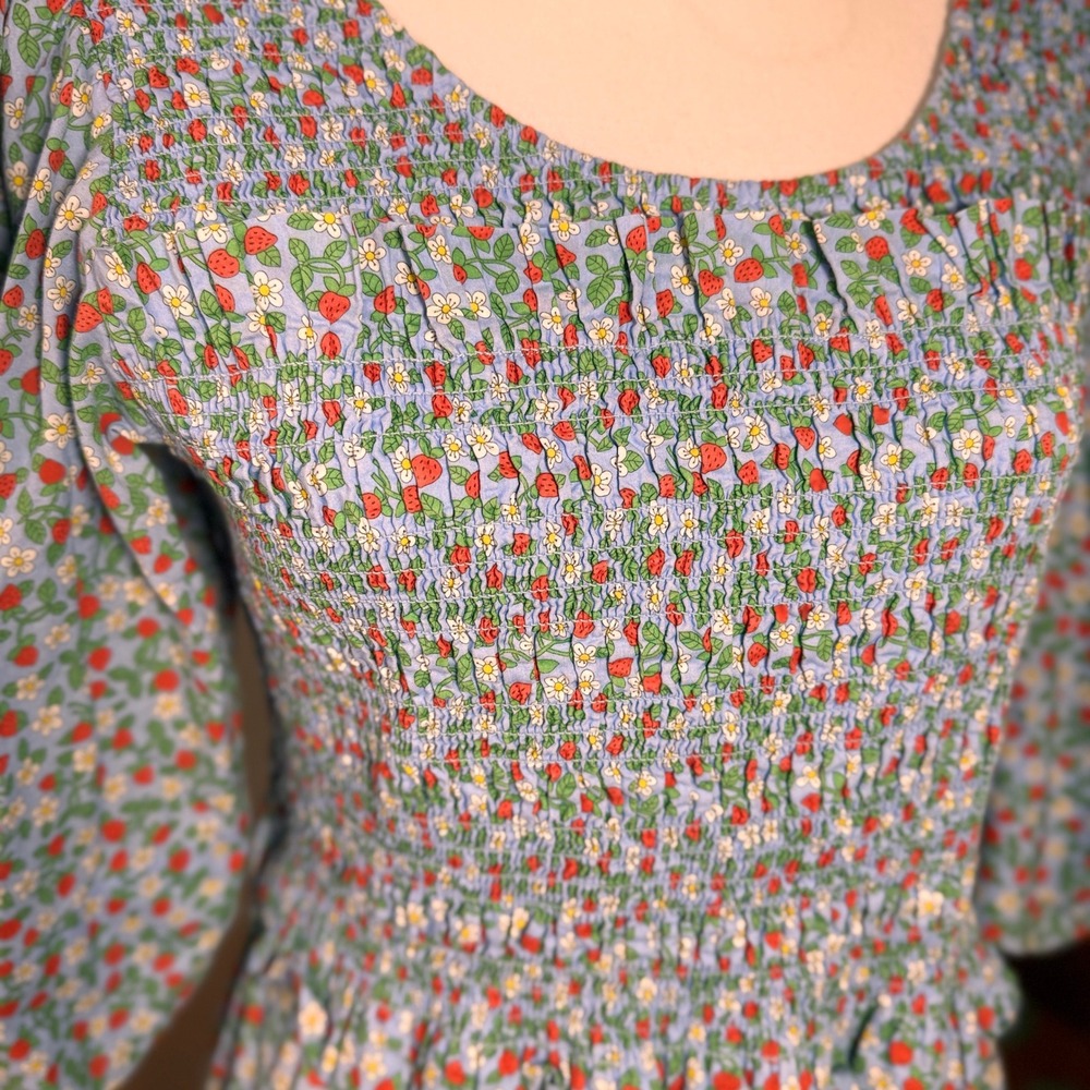 Sea New York Lilly Smocked Mini Dress Blue Strawberry Floral Puff Sleeve Large - Picture 11 of 12
